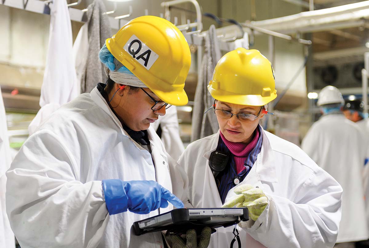 jbs-careers Two manufactures in protective gear looking at an ipad.